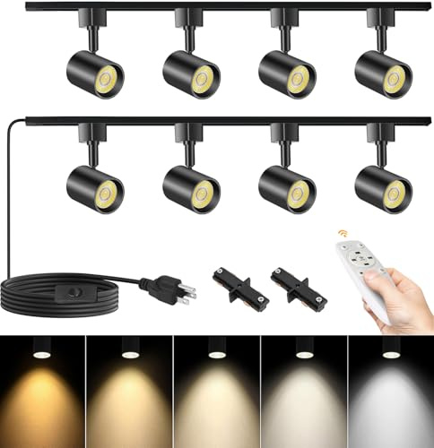 TuyuBEE Plug in Track Lighting with Remote, 8-Light Track Light with Plug in Cord, LED Track Lighting Kit with H Track Rails, Dimmable Track Lighting Fixtures Ceiling Spotlight, Black