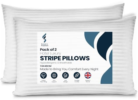 Savera Fashion Stripe Pillows 2 Pack – Hotel Quality Bed Pillows 48x74cm – Soft Hollowfibre Filling with Cotton Stripe Cover – Hypoallergenic Anti-Allergy Firm & Supportive Pillows