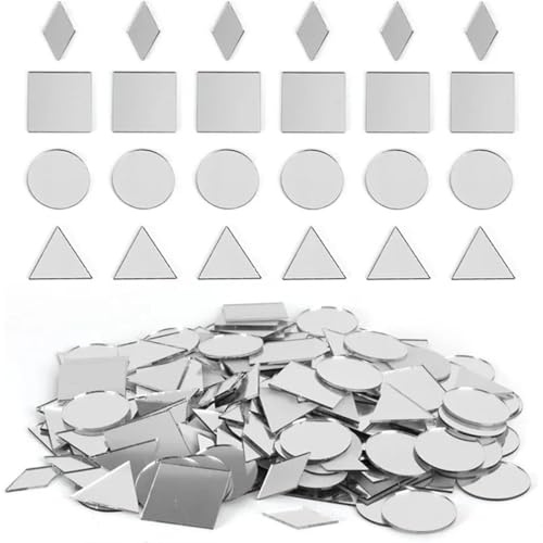 LAKPYN 200 Pezzi piccoli specchi per artigianato, 4 forme quadrate a diamante rotondo triangolo specchio fai da te mosaico pezzi di vetro per artigianato casa parete arte