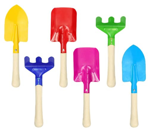 YIPFEN Ensemble d'outils de jardin pour enfants 6 pièces avec pelle, râteau et bêche en métal et bois pour jardin, balcon, terrasse et bac à sable