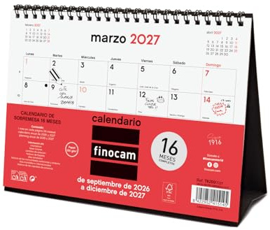 Finocam Neutro Calendario 16 meses 2026 2027 | Mes Vista · Septiembre 2026 - Diciembre 2027 | Neutro · Idioma: Español - Calendario mensual