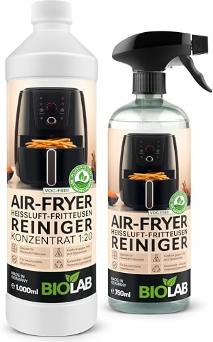 BIOLAB Airfryer Cleaner Spray (750 ml) & rengöringskoncentrat (1 000 ml) Stark fettlösning för Air Fryer & varmluftsfritös – avlägsnar inbränt fett och olja – skonsamt för non-stick-beläggning