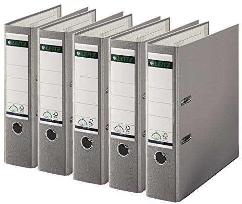 Leitz 1010 Aktenordner, Kunststoff, breit, mit patentierter 180-Grad-Präzisionsmechanik, 5er Sparpack, 8 cm, Breit Grau