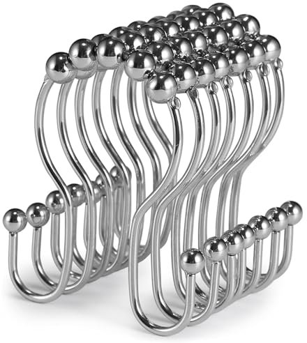 Goowin Shower Curtain Hooks, 12 Pcs Shower Curtain Rings, Stainless Steel Roller Rust-Resistant Balance Sliding Anti-Drop Double Shower Hooks for Curtain Bathroom Shower Curtains (Chrome)