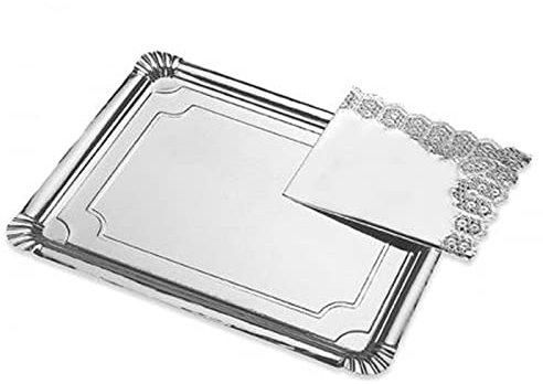 Bandeja de cartón rectangular plateada con blonda 25 x 34 cm, fuente reciclable para pasteles con encaje de papel, especial para fiestas o celebraciones, presentación de postres