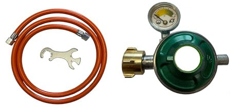 D/H Gasschlauch 80 150 200 cm Regler + Manometer 50 mbar (Gasschlauch mit Manometer), Orange / Grün / Silber