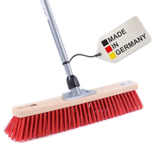 BawiTec Profi Straßenbesen, Kunststoff Borsten rot, 50cm Breit/Lang, mit Metall-Teleskopstiel verstellbar ausziehbar, Länge 100cm - 200cm, Besenstiel, Stabiler Besen Kehrbesen für draussen