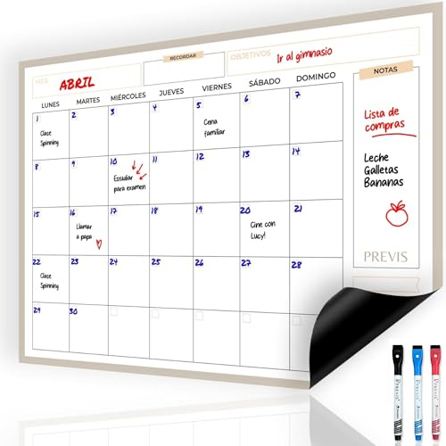 Previs Calendario Magnetico Nevera Mensual A4 - Calendario 2026 Nevera Iman - Planificador Mensual 3 Rotus - Pizarra Magnetica Nevera - Planner Organizador Semanal Frigorifico Planning Familiar