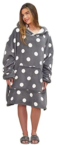 Dreamscene Spotted Fleece Hoodie Blanket Grey, Womens Hooded Blanket Adult Soft Warm Fleece Wearable Blanket Hoodie for Girls Fluffy Sherpa Lined