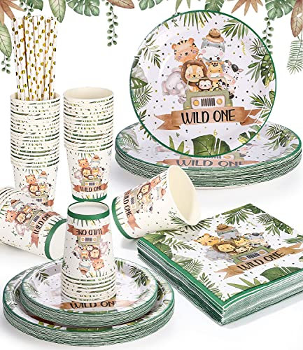 150PC Geburtstag Party Geschir,schungel Safari Partygeschirr Set für 30 Gäste Wild One Geburtstag Deko Partygeschirr Set Pappteller Kindergeburtstag Dazu gehören Teller,Servietten,Tasse