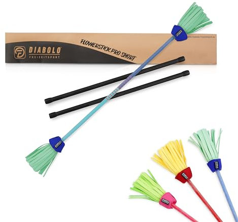 Diabolo Freizeitsport Flowerstick Pro Short (blau-türkis) - kurzer Flowerstick aus Fiberglas mit 2 Handstäben, UV reaktiv, handbemalt, für Festivals