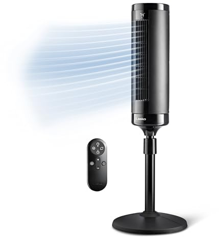 Lasko Elevation Adjustable Tower Fan 42”-54”, Pedestal Fan, 31 ft/s Airflow, Quiet 28 dB, 90° Oscillation, 12h Timer, Remote, Black, EST100