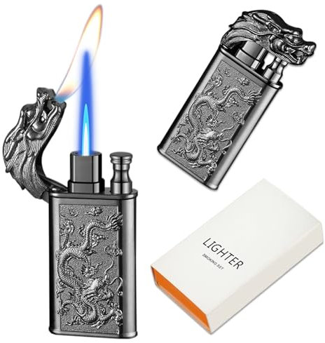 CYJBAO Relief Dragon Dual Flame Lighter - Windproof Adjustable Jet & Soft Flame, Refillable Butane Lighters for Candle, BBQ, Kitchen, Camping(Without Butane)-Black Ice