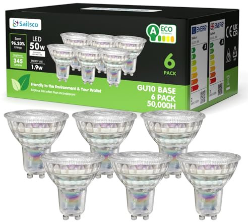 Sailsco Clase A GU10 LED Spot Bombilla Blanco Cálido 1.9W 2700K 345 Lumen,GU10 Bombilla de Ahorro de Energía 50W Lámpara Incandescente de Repuesto,ángulo de haz 36°,No Regulable LED Bombillas,6 Piezas