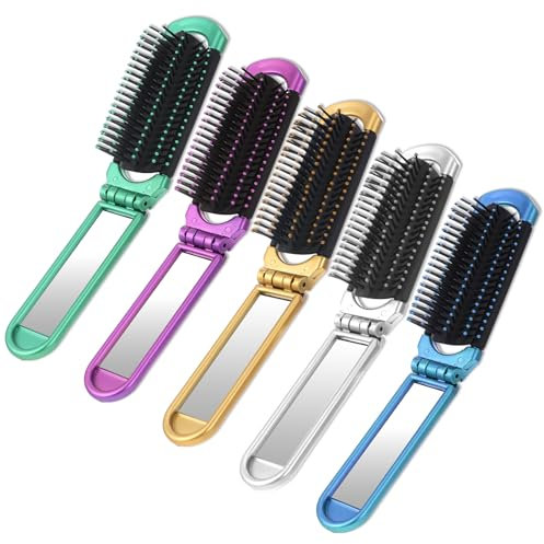 5 Stück Reise Haarbürste mit Spiegel Faltbare Haarbürste Klein Mini-Haarbürste Tragbarer Reisebürste Kompakt Haarmassagekamm Klappkamm Pocket Reisebürste für Damen Herren Frauen (5 Farben）