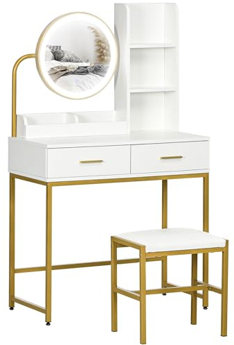 HOMCOM Toeletta Trucco con Specchio Illuminato e Sgabello Imbottito, Postazione Trucco, Tavolo da Trucco con Luce LED, Cassetti e Ripiani, Bianco