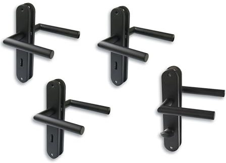 Juego de 4 placas largas para puerta de acero inoxidable negro para 3 puertas de habitación con perforación de barba y 1 puerta de baño y tirador de puerta