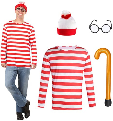 Costume a righe rosso-bianche per adulti, maglietta a maniche lunghe, occhiali rotondi, cappello lavorato a maglia, bastone a palloncino rosso a righe bianche da uomo, vestito per Halloween, carnevale