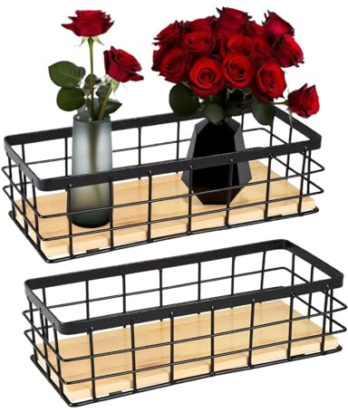 2 cestini in filo metallico con fondo in legno – Cestino a griglia in metallo per la conservazione in cucina, bagno e ufficio – Cestino portaoggetti in design industriale per scaffali, dispensa e