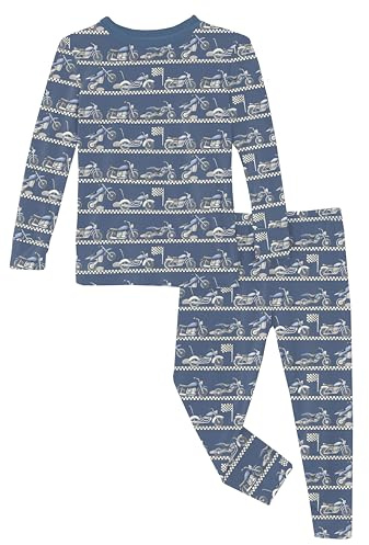 KicKee Print Pajama Set with Long Sleeve Tee, Baby to Kid Viscose from Bamboo Fitted Pajamas (Denim Motorcycles - 4T)