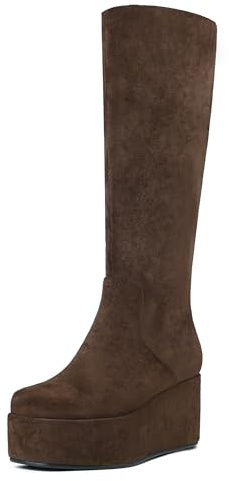 HEIFIN Chocolate Suede Platform Knee High Boots for Women Round Toe Side Zipper Fall Winter Dress Tall Wedge Faux Leather Boots for Women