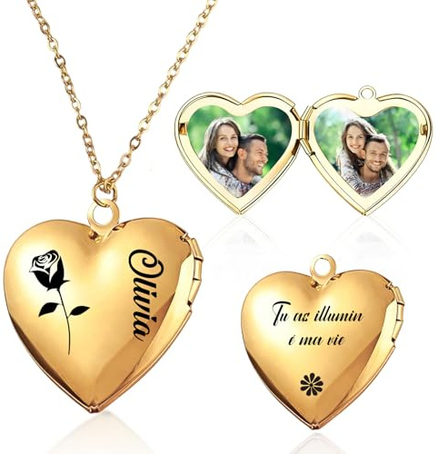QSZ Collier Personnalisé Photo pour Femme avec Photo Nom Texte Personnalisable Collier Médaillon Cœur avec Image à l'intérieur Cadeau pour Petite Amie épouse Maman