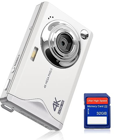 Appareil Photo numérique CCN, 48MP 1080P FHD Appareil Photo avec écran 3,0, Zoom numérique 16X Appareil Photo Compact Portable avec Carte TF 32GB, câble USB, pour Adolescents Enfants Adultes, Blanc