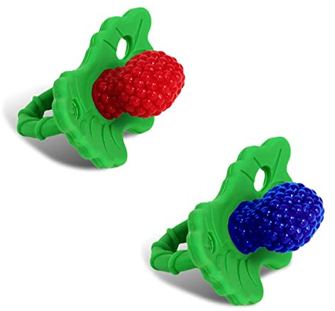 RaZbaby RaZberry Silicone Teether Pacifier – Teething Relief for Infants, Food-Grade, BPA-Free, Hands-Free, Natural Berrybumps Fruit Texture for Sensory Development, Freezable, 2-Pack - Red & Blue