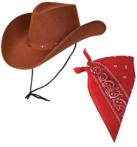 Adult Texan Cowboy Hat Brown & Red Bandana/Neckerchief Fancy Dress Party Accessory Wild Western Sheriff Country Western Rancher