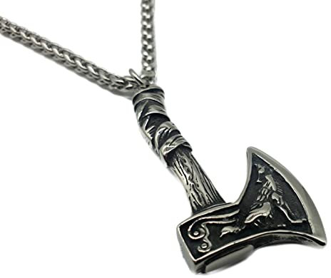 Vikings Pendentif en métal Motif hache viking Loup avec collier en acier inoxydable dans une pochette à bijoux, Métal