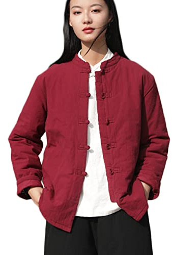 NFYM Donne Giacche da mattina in cotone leggero imbottito in lino cinese Stile Tang Suit per l'esercizio mattutino Tai Chi, Vino rosso, taglia unica