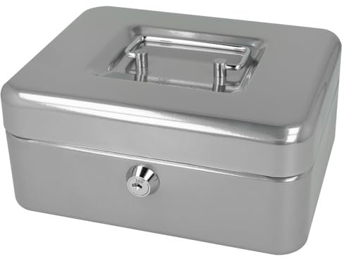 Westcott Lockable Cash Box (20 cm) Silver | Lockable cash box made of sheet steel with 2 keys | Removable coin tray with 3 compartments | E-51001 SILVER