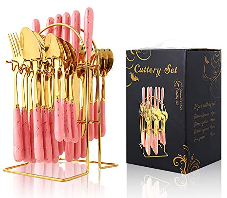 ESSONIO Rosa Besteck-Set, 36-teiliges Edelstahl-Besteck-Set für 9 Personen, Besteck mit Löffel, Messer und Gabel-Sets, ideal für Zuhause/Party/Restaurant, Marmorierter Griff, spülmaschinenfest