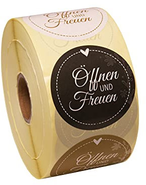 PROlac Etiketten „Öffnen und Freuen“ – 1000 Stück auf Rolle – Runde Aufkleber 50 mm – Sticker Geburtstag, Motivationssticker ideal für Geschenke, Verpackungen & Versand – Etiketten selbstklebend