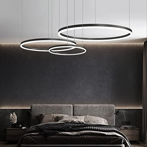Pendelleuchte Modern Ring LED Dimmbar Wohnzimmer Kronleuchter Mit Fernbedienung Schick Hängeleuchte Schlafzimmer Salon Esszimmer Leuchter Verstellbare Höhe Kombination Hängelampe(Color:Schwarz,Größe:4