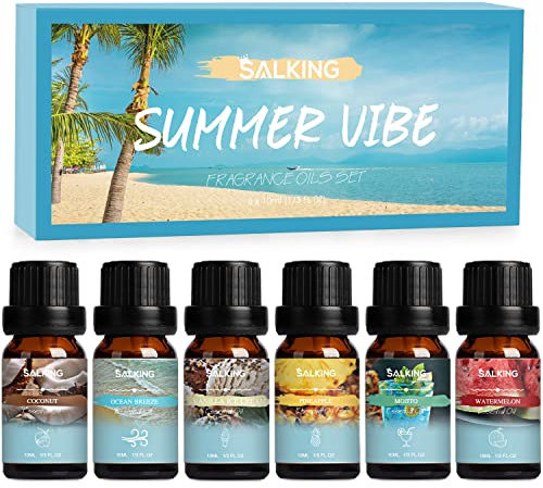 SALKING Huiles Essentielles, L'été Kit Huile Essentielle pour Diffusers 6x10ml, Massage, Noix de coco, Ananas, Pastèques, Brise marine, Mojito, Crème glacée à la vanille