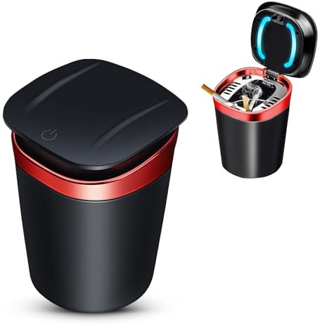 Kytpyi aschenbecher auto, auto aschenbecher mit deckel, Rauchfreier Aschenbecher aus Edelstahl mit LED-Licht, abnehmbarer tragbarer auto aschenbecher für Zuhause, Büro, Camping im Freien (Rot)