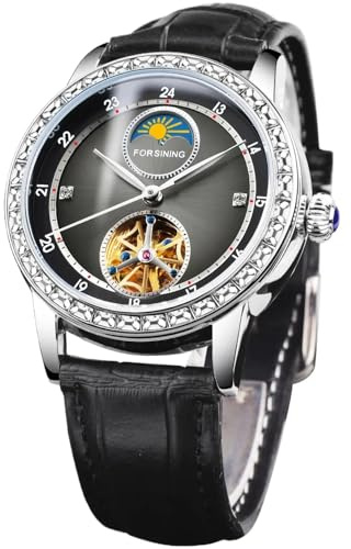 DAXIAOYU Elegant skelett för män Tourbillon mekaniska klockor diamant infattning lyxig jade grön svart urtavla månfas klocka äkta läderrem automatiska armbandsur för män