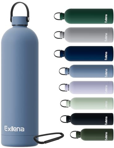 Exllena Botella Térmica 1.5 Litros – Botella Agua Acero Inoxidable 304, Botella Acero para Agua Fría y Caliente, 100% Estanco con Asa y Gancho – Ideal para Viajes, Gym y Exterior(Azul grisáceo)