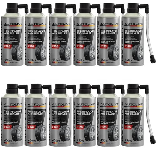 AUTOLIVE Líquido Antipinchazos para el Coche - para Reparar Neumáticos sin Cámara - Sella Agujeros de hasta 5 mm - Evita la Desestabilización del Vehículo - Spray Repara Pinchazos - 450 ml (12)