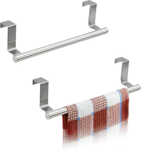 Over Door Towel Rail,Tea Towel Holders,2 Pcs Silver Without Drilling Stainless Steel Bathroom Towel Holder Anti Slip Kitchen Towel Holder,Towel Hanger for Cupboard Drawer Cabinet Kitchen Bathroom Bar