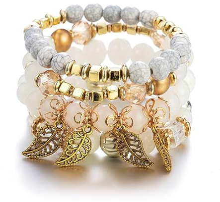 Jovono Boho Pärlband stapelbara armband kedja lager elastiska blad handkedjor vintage pärlor armband set för kvinnor (4 st), En storlek, Plast, Ingen ädelsten