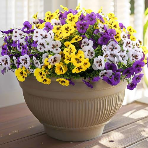Rowfad 18 Bundles Artificial Fake Pansy Flowers for Outdoor, Faux UV Resistant Silk Pansies Flowers for Outside Planter Front Door Porch Yard Patio Window Box Home Decor (18, Purple, Yellow, White)