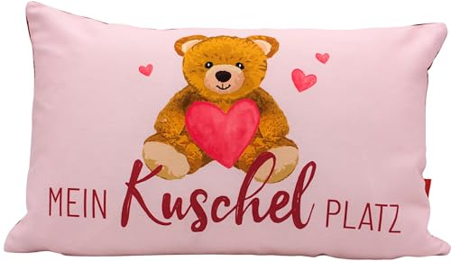 Cuscino decorativo – Cuscino per divano, cuscino con orsacchiotto, cuscino decorativo – Cuscino – Il mio posto di coccole in rosa/rosso, (lunghezza x larghezza x altezza): circa 40 x 13 x 23 cm, 100%