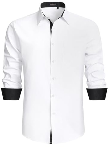 HISDERN Hommes Chemise Blanc Manches Longues Formelle Casual Robe Affaires Coupe Régulière Boutonnée Travail Chemise pour Hommes De Mariage avec Poches Blanc XL