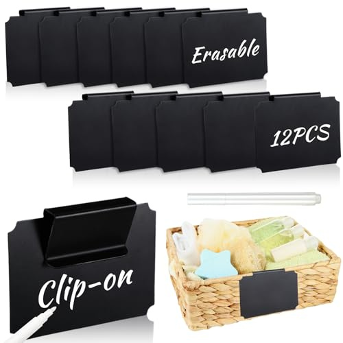 12PCS Labels for Storage Bins, Fabric Labels, Removable Label， Shelf Price Tags, Merchandise Sign Display Holder, 3.54 × 2.76 Clip On PVC Label with Chalk Marker for Basket Pantry Organization Box