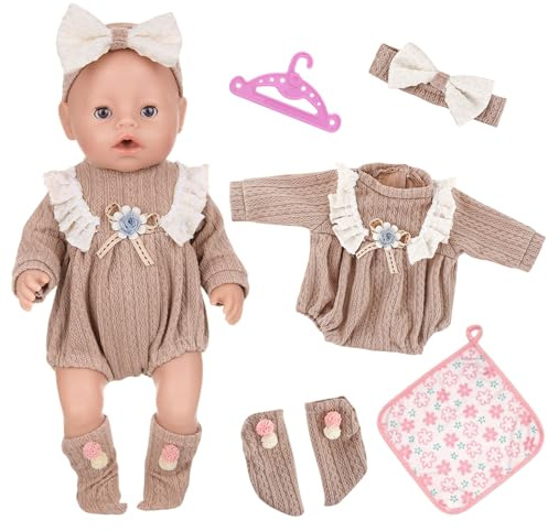 5Pcs Baby Doll Clothes for 12-18inch Doll 30-45cm Baby Doll, Light Brown Daisy Knitted Bodysuit Lace ruffles with Headwear Socks Hanger Square Scarf for Kids Friends Girl Birthday Cartoon 33cm Clothes