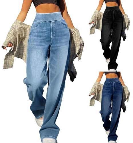 High Waisted Jeans Women – Wide Leg Jeans for Women Uk – Pull On Stretch Comfy Palazzo Trousers Casual Denim Pants with Pockets Tummy Control Baggy Trendy Straight Denim Trousers for Everyday Wear