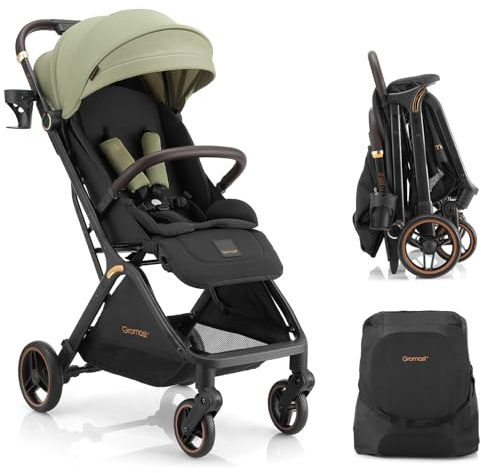 Gromast Cochecito de bebé plegable Gravity, cochecito de viaje portátil con respaldo ajustable y toldo, ligero y protegido contra los rayos UV, plegable automáticamente con una mano, verde