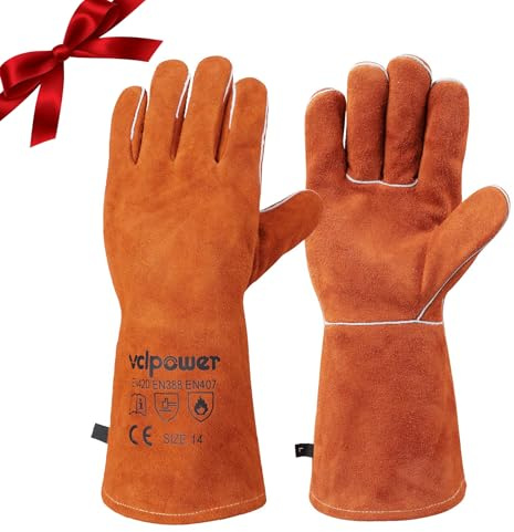 vclpower Fireplace Gloves Fire Heat Resistant: 14IN Fireproof Leather for Fireplace Fire Pit Wood Stove Campfire Furnace BBQ Baking,Grill Oven Stick Mig Tig Welding Welder Gear Gift for Man L